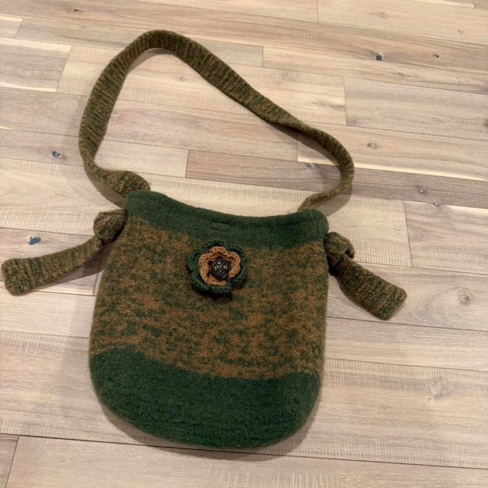 Green and brown wool felted purse with flower detail #felted #boho #cottagecore